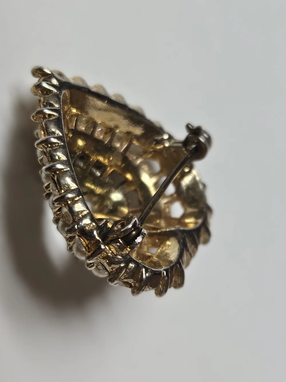 Gold Heart Brooch with Pearls and Clear Crystals